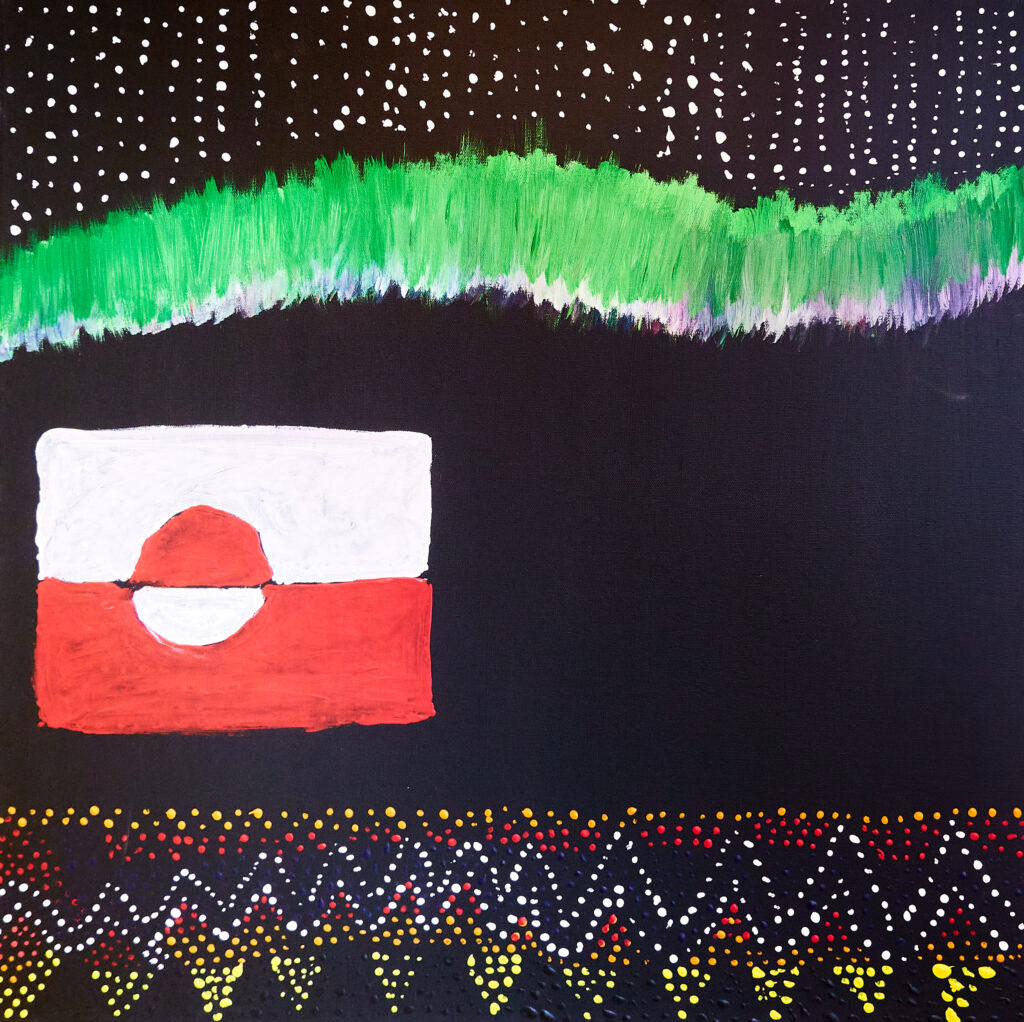 Greenlandic flag and northern lights - Greenlandic student art in the Australian Aboriginal dot painting styles