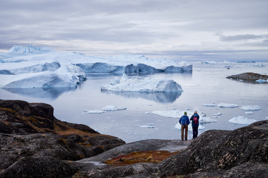 People standing on rocky coastline overlooking icebergs and sea in Greenland.