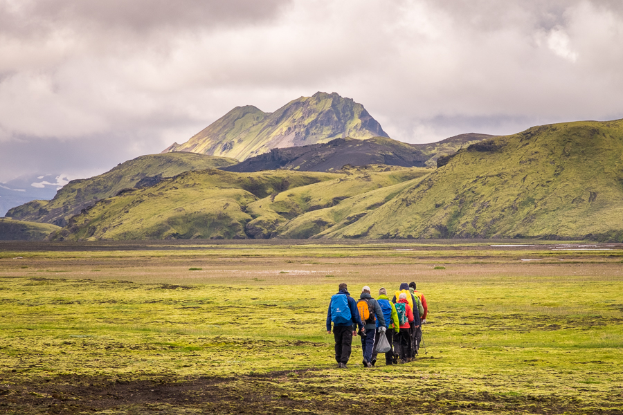 Group of hikers walking across a wide grassy valley in Iceland with mountains in the background.