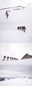 Several images showing the group trekking through the snowfields on the way to the viewpoint