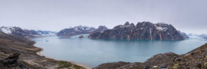 Panorama of the Karale Fjord from our high vantage point showing the Karale, Knud Rasmussen and unnamed glaciers.