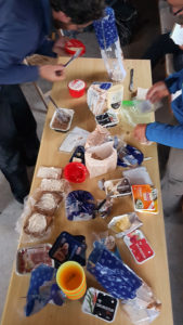 View from above of the table containing the various ingredients we could use to prepare lunch for the day's hike