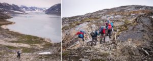 Trekking companions climbing up the steep slopes as seen from above and below