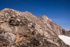 Looking up the steep rocky climb towards the summit of the mountain