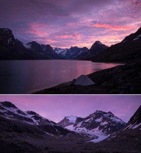 Bright pink and purple skies over our campsite, the Tasiilaq Fjord and nearby glacier at dawn