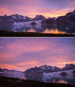 Vibrant pink and purple skies at 2am over the Karale fjord and its glaciers, as seen from our campsite