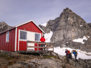 Maxime on the verandah of the Tasiilaq Mountain Hut while Filip and I arrive at last