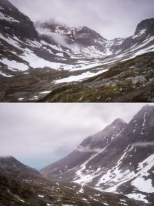 View of the river valley leading back to the Sermiligaaq Fjord, all shrouded in clouds