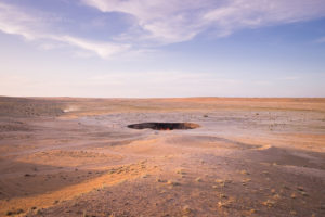 Flat desert scenery - Darvaza Crater - Turkmenistan