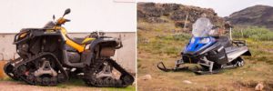 Images of modified quad-runners and skiddoos. Typical farm machinery in South Greenland