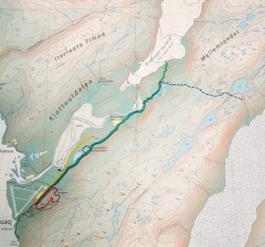 Map on the wall in the hostel showing the different hiking routes near Narsarsuaq, South Greenland