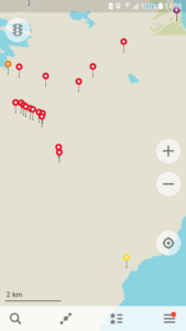 Markers on Maps.Me showing the locations of the red dots I found while hiking from Sillisut to Qassiarsuk via Nunataaq in South Greenland