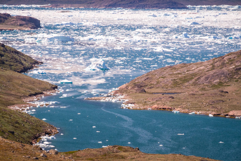 Small icebergs fill the fjord near Tasiusaq. View while hiking from Sillisit to Qassiarsuk via Nunataaq in South Greenland