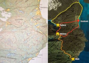 Contour and other map showing my proposed hike from Sillisit to Qassiarsuk via Nunataaq in South Greenland