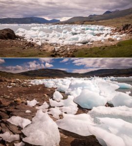 Wide and close-up views of icebergs in, and stranded on the shore of the Southern Sermilik Fjord near Tasiusaq, South Greenland