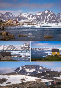 Views of the colorful houses of Kulusuk and the fjord - East Greenland