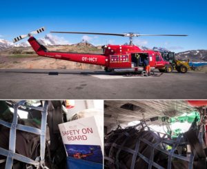 The outside and inside of the Air Greenland helicopter that does the transfers between Kulusuk and Tasiilaq in East Greenland