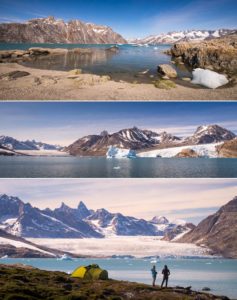 Views of the Karale Fjord and three glaciers (including Karale and Knud Rasmussen) from the first campsite of Unplugged Wilderness.