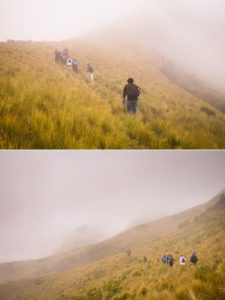 The group hiking through fog and the Páramo, en-route to the summit of Volcán Pasochoa near Quito, Ecuador