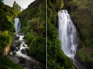 Wide and close-in views of the Cascada de Peguche waterfall near Otavalo, Ecuador