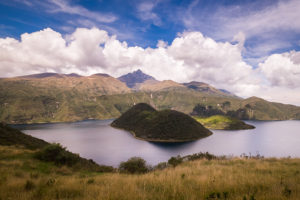 Volcán Cotocatchi as seen from across Laguna Cotocatchi while hiking the crater rim near Otavalo, Ecuador