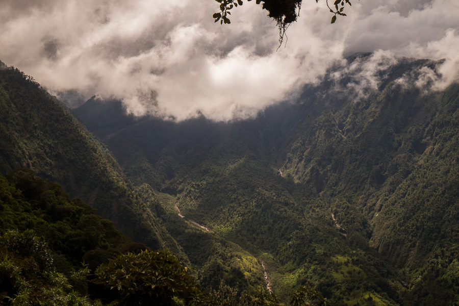 View towards the Tungurahua Volcano from the Swing at the end of the world at the Casa del Arbol, Banos, Ecuador