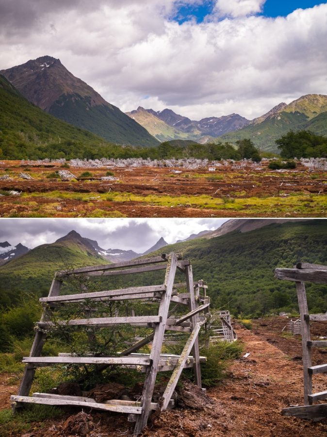 Mystery structures in the valley before the climb Laguna Encantada near Ushuaia, Argentina