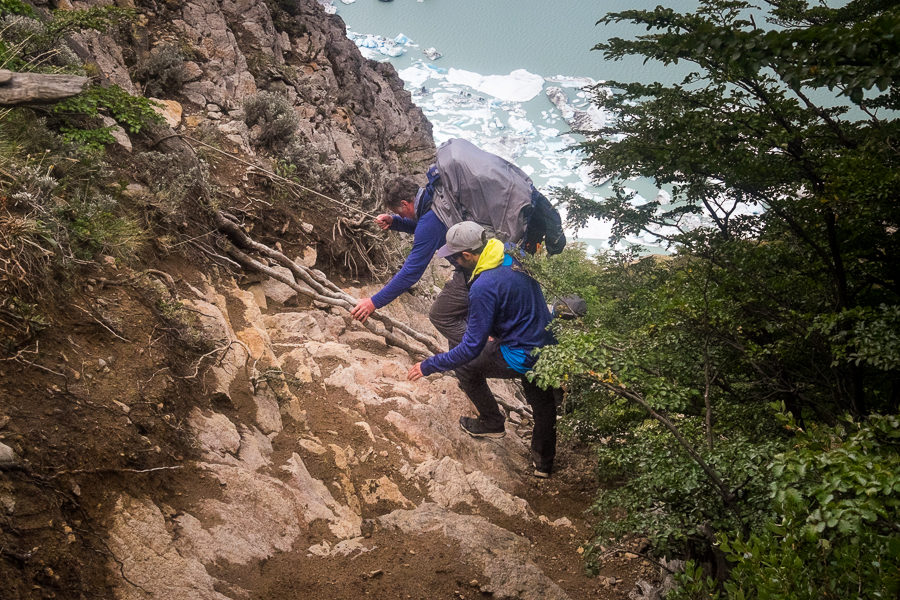 Using rope to climb down part of the steep descent - South Patagonia Icefield Expedition - Argentina