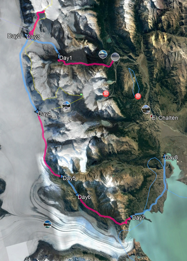 Our trekking route for the South Patagonia Icefield Expedition