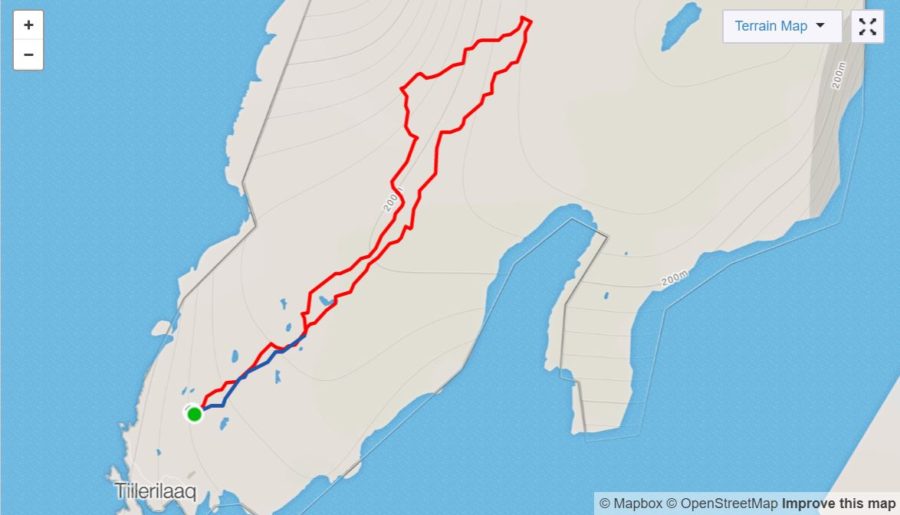 Basic Map of hike near Tiniteqilaaq on Day 7 of Icefjords and Remote Villages Trek - from Strava