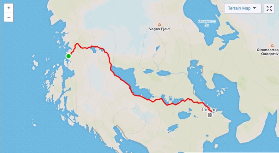 Basic Map of hike to Tasiilaq along the Sermilik Way on Day 8 of Icefjords and Remote Villages Trek - from Strava