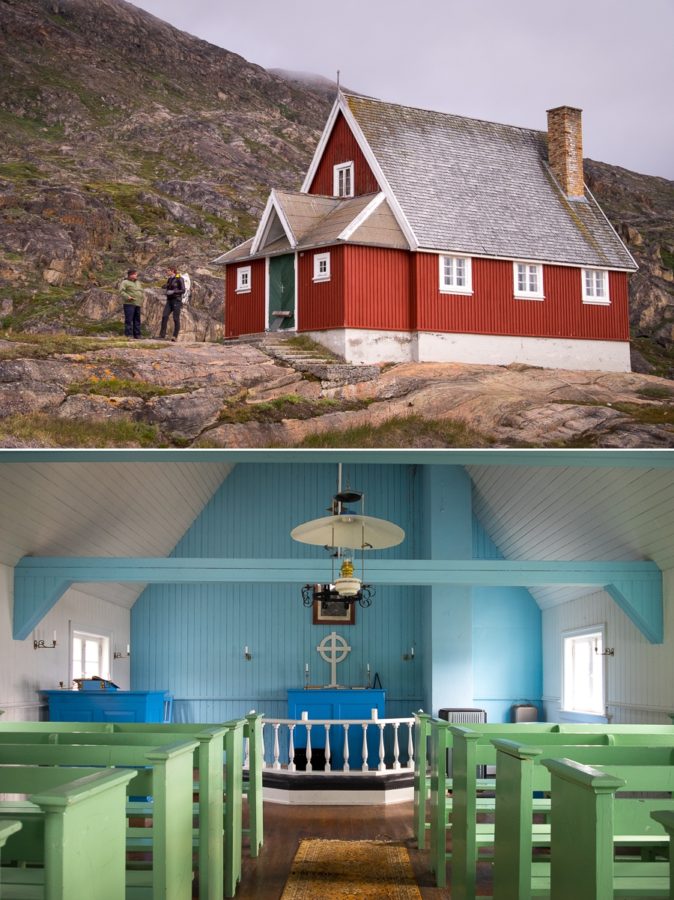 Images of the exterior and interior of the refurbished church at Assaqutaq near Sisimiut, West Greenland