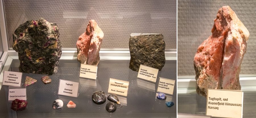 Greenlandic minerals, including Tugtupit, on display in Sisimiut, West Greenland