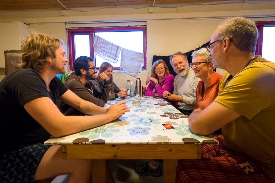 Some of the hiking group playing cards at Hólaskjól - Central Highlands, Iceland