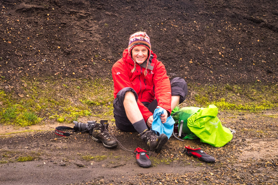 Changing shoes after river crossing - Volcanic Trails - Central Highlands, Iceland