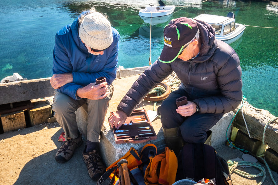 Alan and Eric and backgammon - Kulusuk harbour - East Greenland