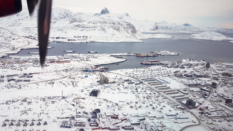 View of Nuuk as the plane flys over ready to circle back and land - Greenland