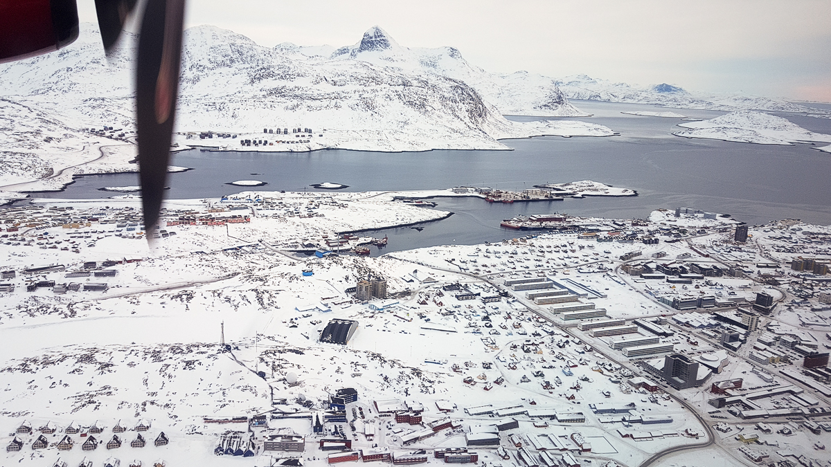 View of Nuuk as the plane flys over ready to circle back and land - Greenland