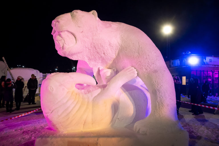 Sculpture under lights at the 2019 Nuuk Snow Festival - West Greenland