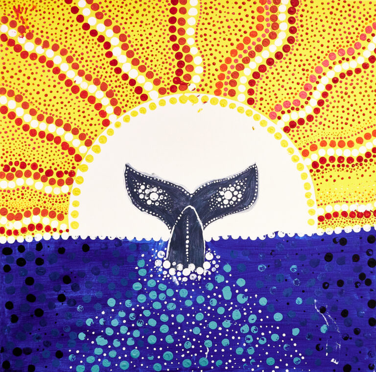 Whale Tail artwork in the Australian Aboriginal dot painting style by Greenlandic Students
