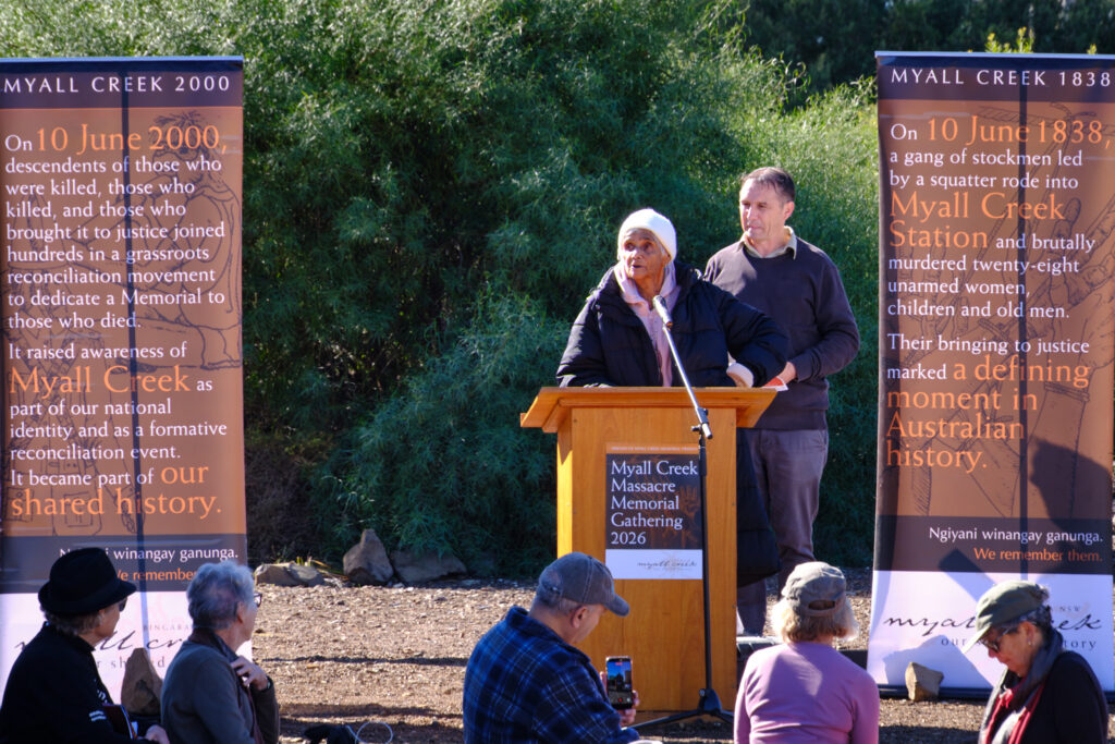 Aunty Sue Blacklock, a Myall Creek Elder, welcoming us to Country at Myall Creek Memorial in 2026
