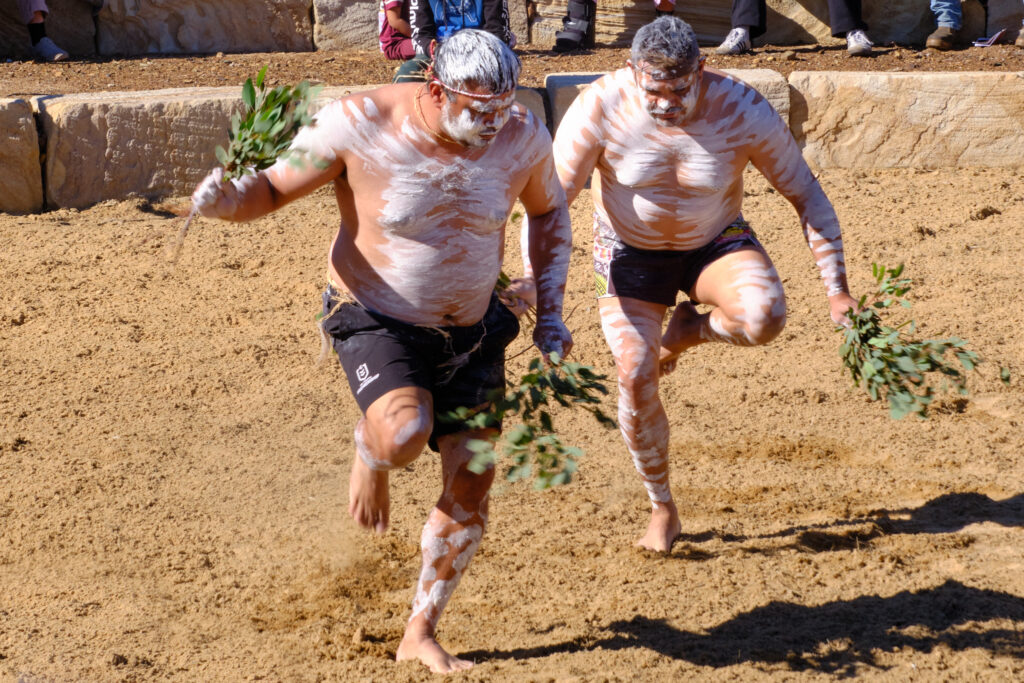 Performers from the Gomeroi Dance Company doing traditional dances at the 2026 Myall Memorial Creek Commemoration Ceremony