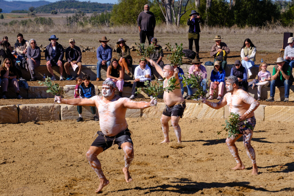 Performers from the Gomeroi Dance Company doing traditional dances at the 2026 Myall Memorial Creek Commemoration Ceremony