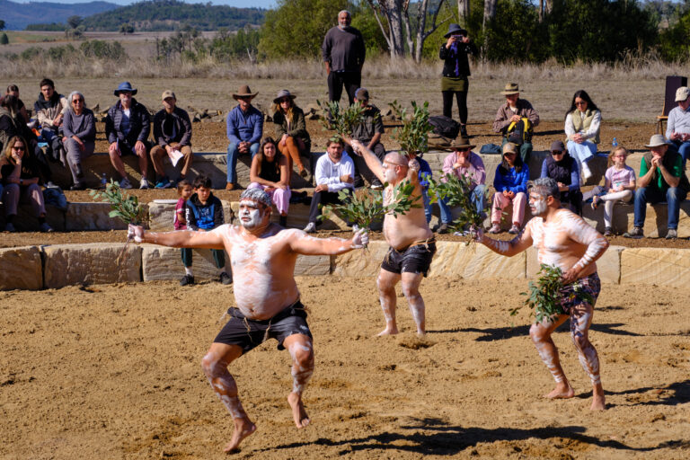 Performers from the Gomeroi Dance Company doing traditional dances at the 2026 Myall Memorial Creek Commemoration Ceremony