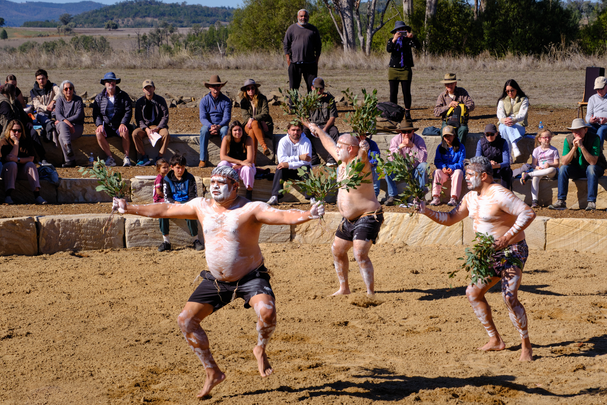 Performers from the Gomeroi Dance Company doing traditional dances at the 2026 Myall Memorial Creek Commemoration Ceremony
