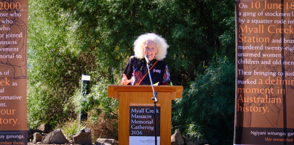 Emeritus Professor Judy Atkinson speaking at the 2026 Myall Creek Memorial commemoration